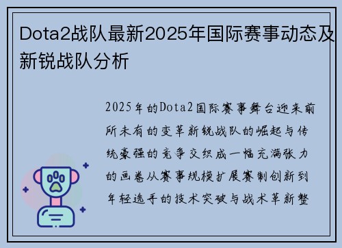 Dota2战队最新2025年国际赛事动态及新锐战队分析